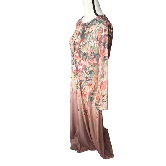MISSLOOK Pink Flower Maxi Dress Tan Green Yellow Long Sleeve Knit Size Large - Picture 2 of 5